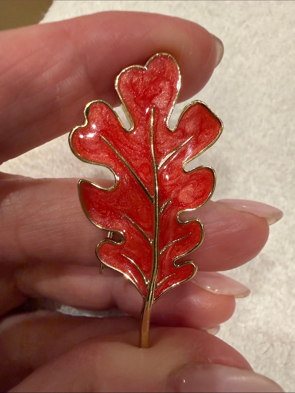 Talbots Red Enamel Oak Leaf Brooch with Gold-Tone Trim